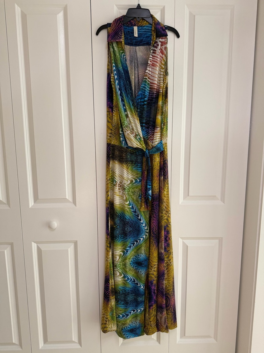 S-Twelve Colorful Abstract Print Wide Leg Jumpsuit Stretchy Tie Waist Size M